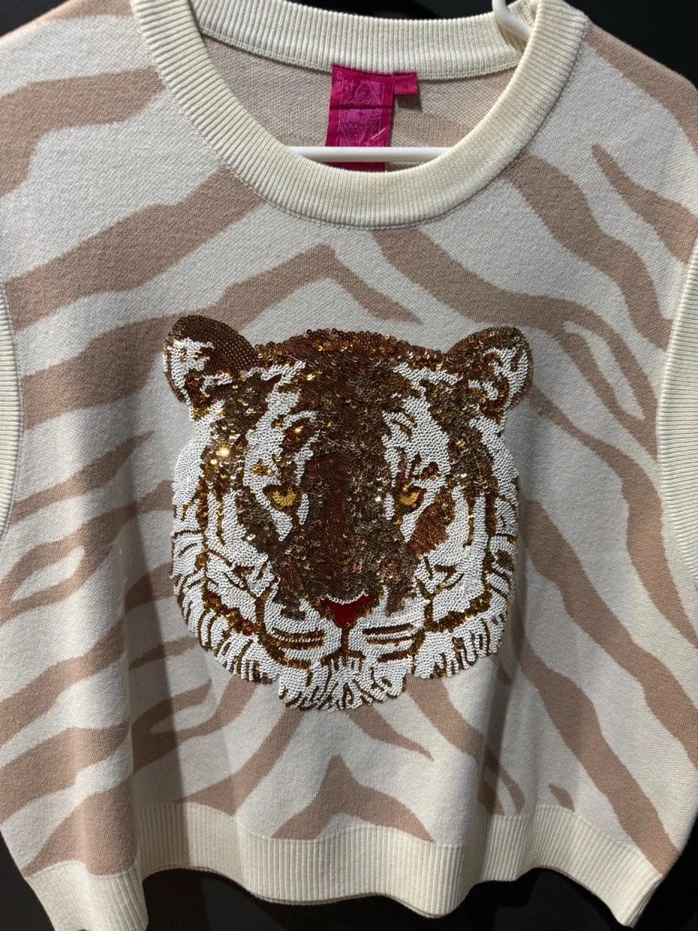 QUEEN OF SPARKLES Cream and Tan Tiger Sequin Knit Tank - Picture 5 of 9